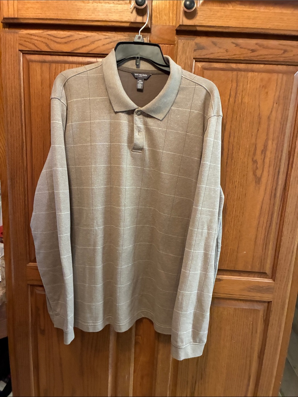Van Heusen Men's Long Sleeve Polo - Tan Beige Windowpane size 2XL